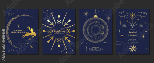 Luxury christmas greeting card art deco design vector. Christmas ornaments, reindeer, snowflake, bauble ball, spot texture on navy blue background. Design for holidays card, poster, cover, season.