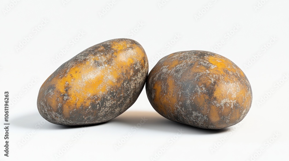 Two textured stones with yellow and gray patterns resting on a light background. Two textured stones with yellow and gray patterns resting on a light background.