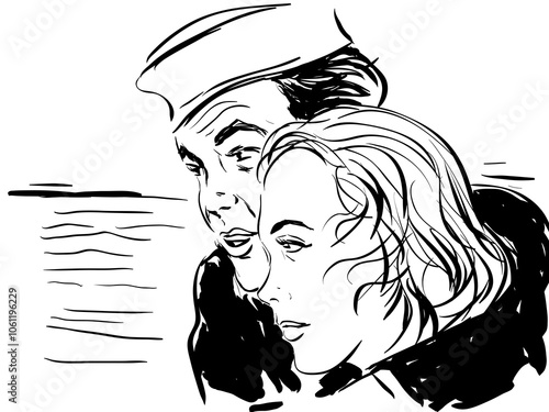 dessin croquis noir et blanc jeune couple amoureux homme avec un chapeau marin et femme qui regarde la mer 