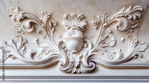 Ornate plasterwork featuring floral and scroll motifs, showcasing decorative craftsmanship.