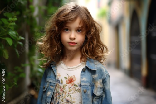 Portrait of a cute little girl with curly hair in the city.