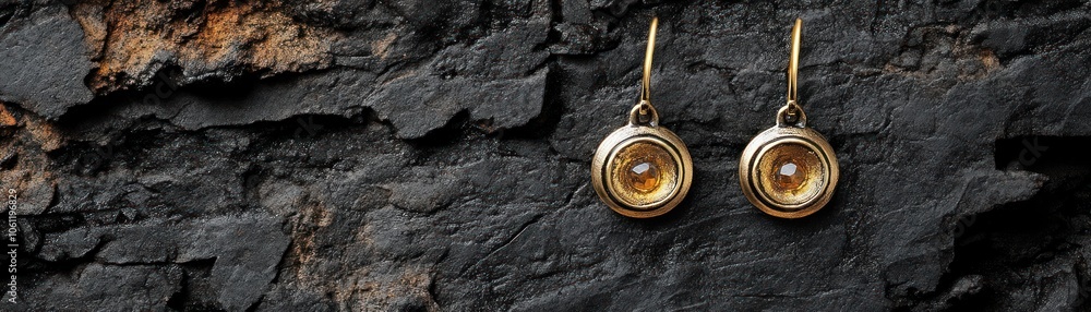 Gold Earrings with Yellow Gemstones on Dark Stone Background Gold Earrings with Yellow Gemstones on Dark Stone Background