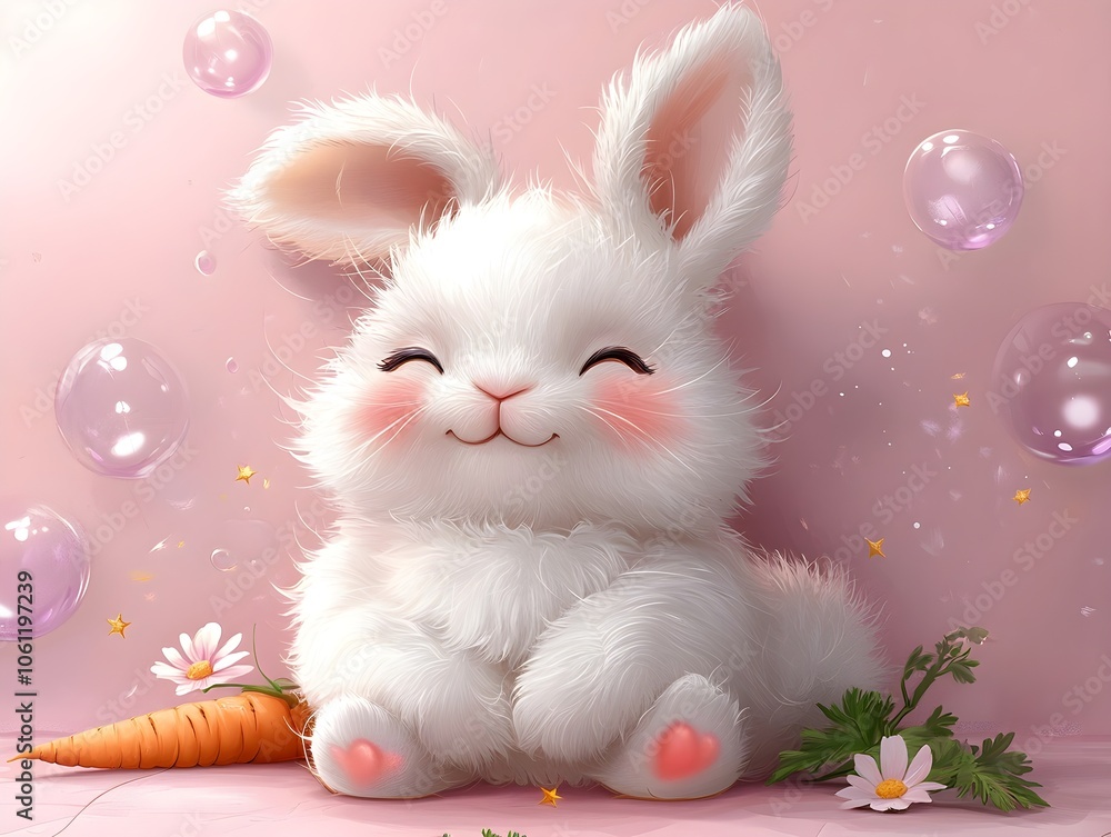 Fototapeta premium A cute bunny character with fluffy white fur and pink ears is set against a soft pink background with bubbles and stars alongside a small carrot