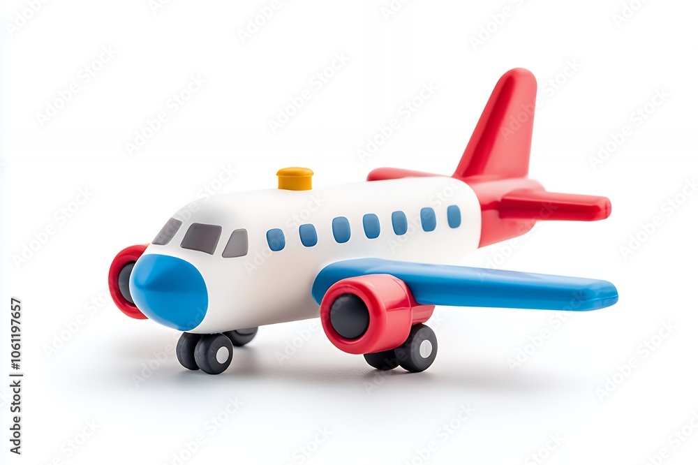 A red, white, and blue toy airplane isolated on a white background. A red, white, and blue toy airplane isolated on a white background.