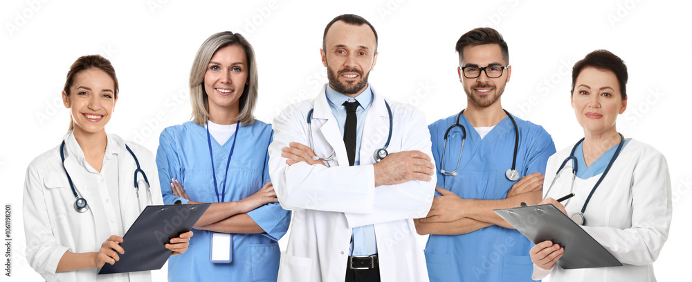 Different healthcare workers in uniforms on white background Different healthcare workers in uniforms on white background