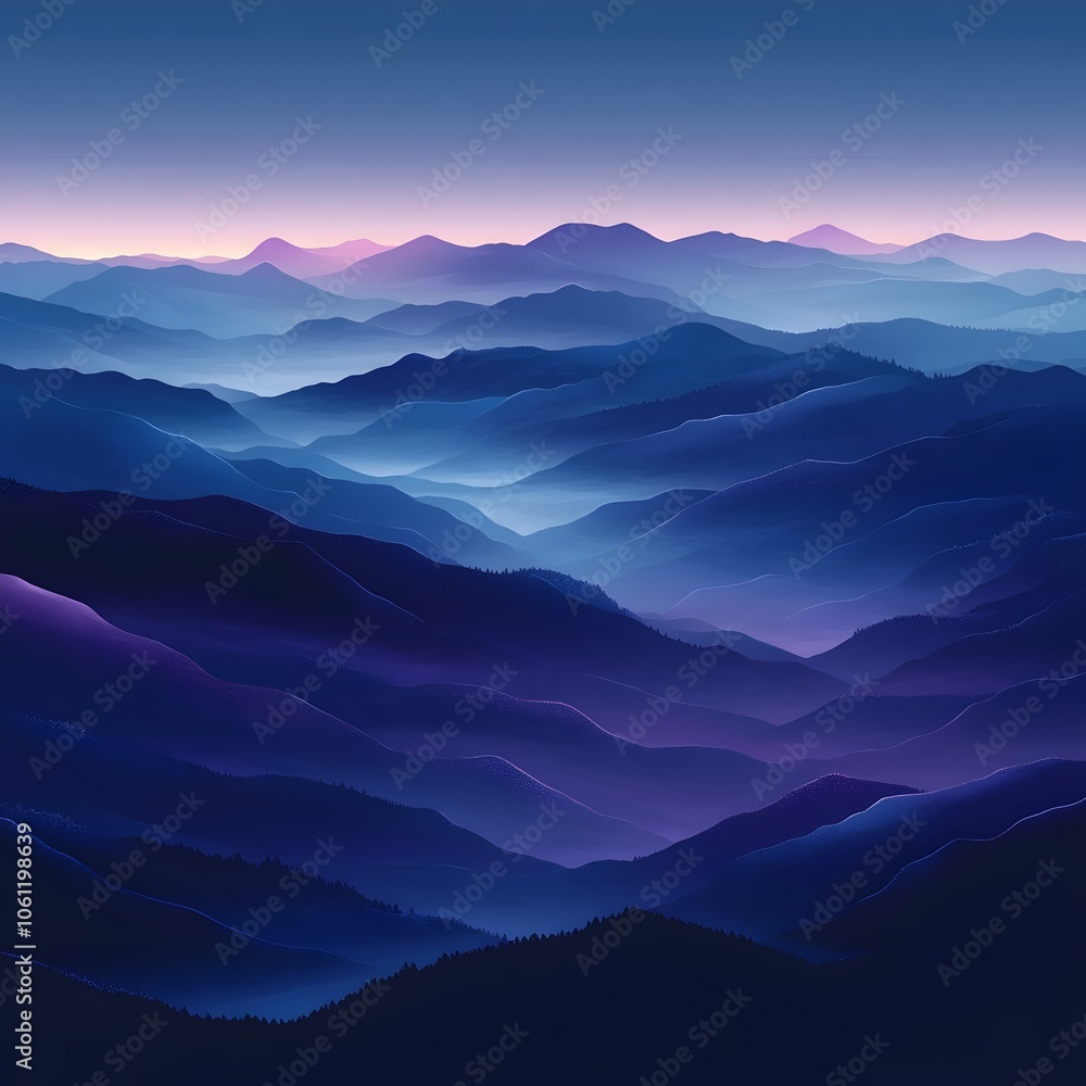 Fototapeta premium A breathtaking panorama of rolling mountains bathed in shades of deep blue and purple, showcasing serene twilight hues that evoke a sense of tranquility and wonder.
