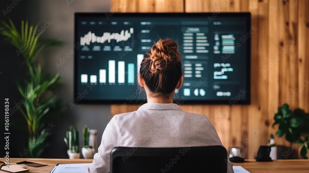 Woman Analyzing Data on a Wall-Mounted Display Screen Woman Analyzing Data on a Wall-Mounted Display Screen