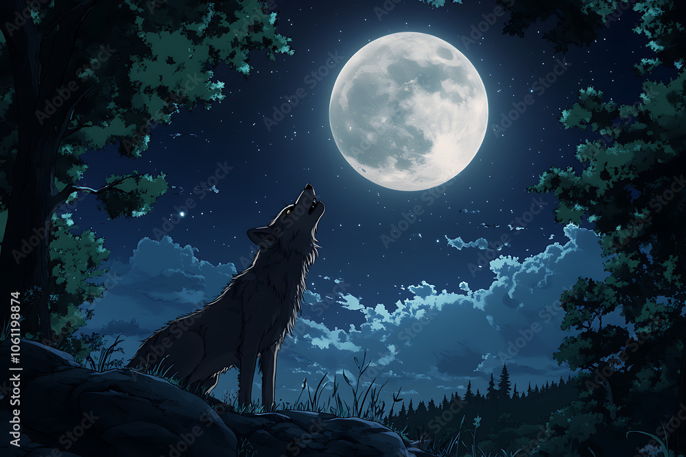 Wolf howling at night, full moon background Wolf howling at night, full moon background