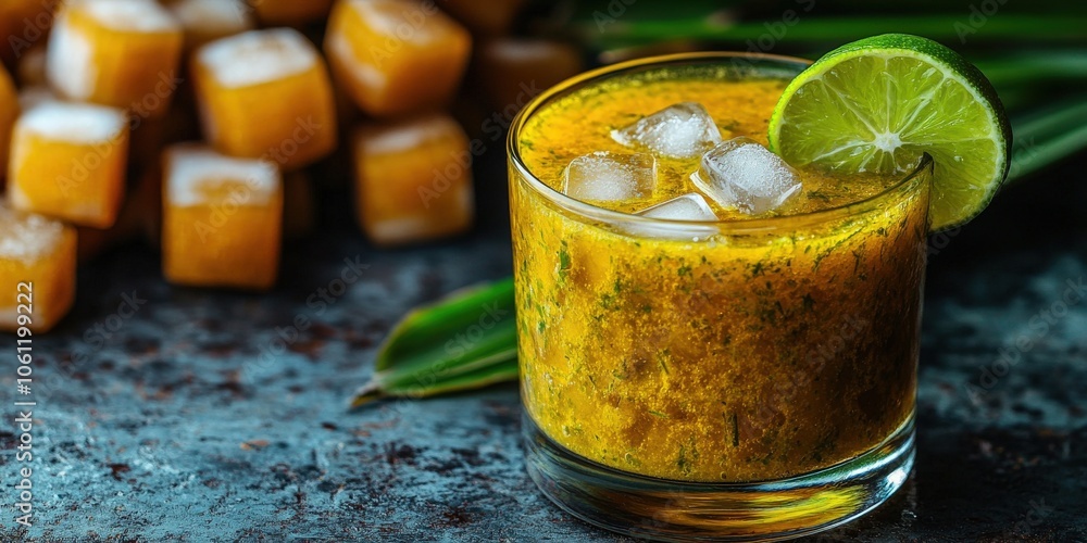Refreshing Citrus Cocktail with Ice and Lime Garnish on Rustic Table, Surrounded by Exotic Turmeric Cubes, Highlighting Vibrant Yellow Drink and Tropical Vibes Refreshing Citrus Cocktail with Ice and Lime Garnish on Rustic Table, Surrounded by Exotic Turmeric Cubes, Highlighting Vibrant Yellow Drink and Tropical Vibes