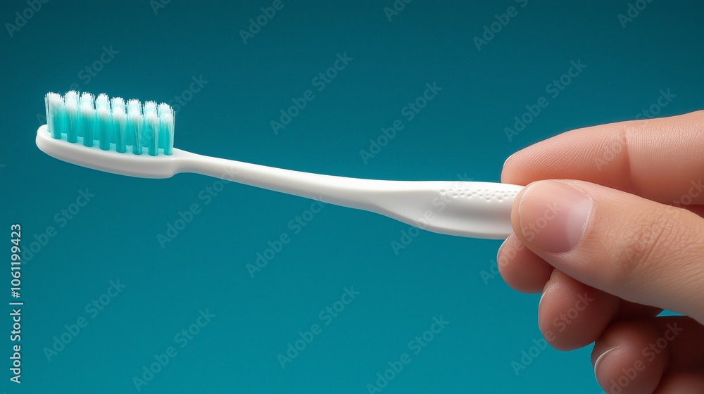 Hand holding a toothbrush with bristles and plastic handle, highlighting hygiene and dental care. AI generated Hand holding a toothbrush with bristles and plastic handle, highlighting hygiene and dental care. AI generated