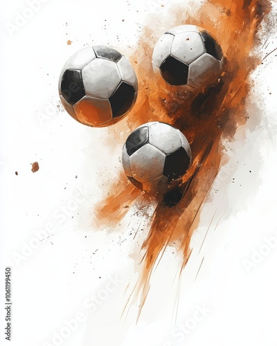 Dynamic Soccer Balls in Motion with Artistic Paint Splatter on White Background - Perfect for Sports Enthusiasts, Art Lovers, and Creative Concepts