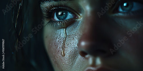 Close up of a tearful eye, a single woman with tears on her face, generative AI