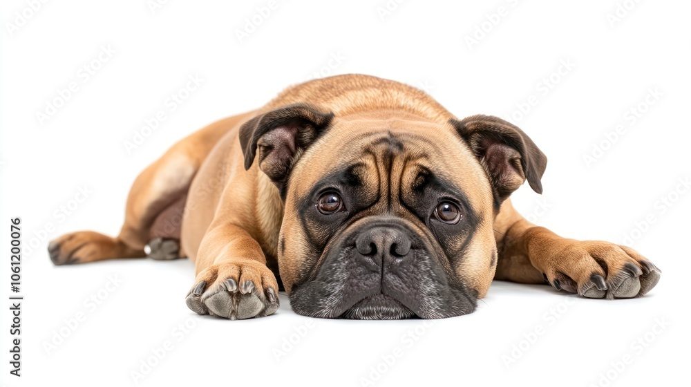 A relaxed dog lying down with a calm expression. A relaxed dog lying down with a calm expression.
