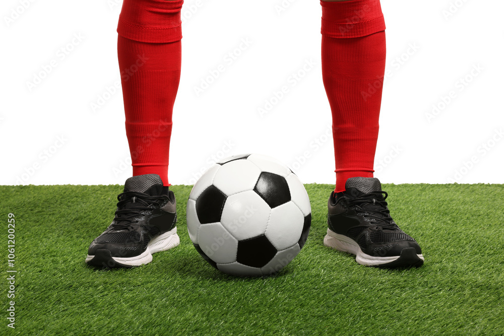 Fototapeta premium Football player with soccer ball on artificial grass against white background, closeup