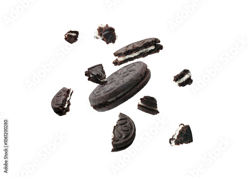 Tasty broken sandwich cookies in air on white background