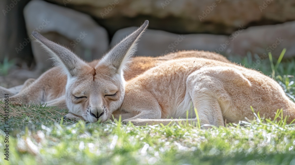 Fototapeta premium A resting kangaroo lies peacefully on the grass in a natural setting.
