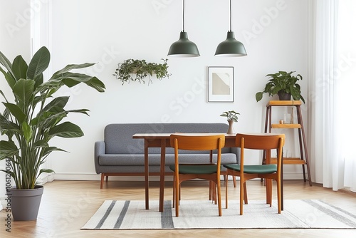 Bright dining room featuring mid-century furniture, lush greenery, and minimalist design elements, creating a cozy and inviting atmosphere with natural light. photo