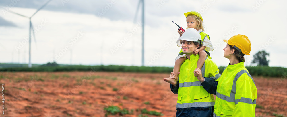 family of three, a man and two children, are standing in a field family of three, a man and two children, are standing in a field
