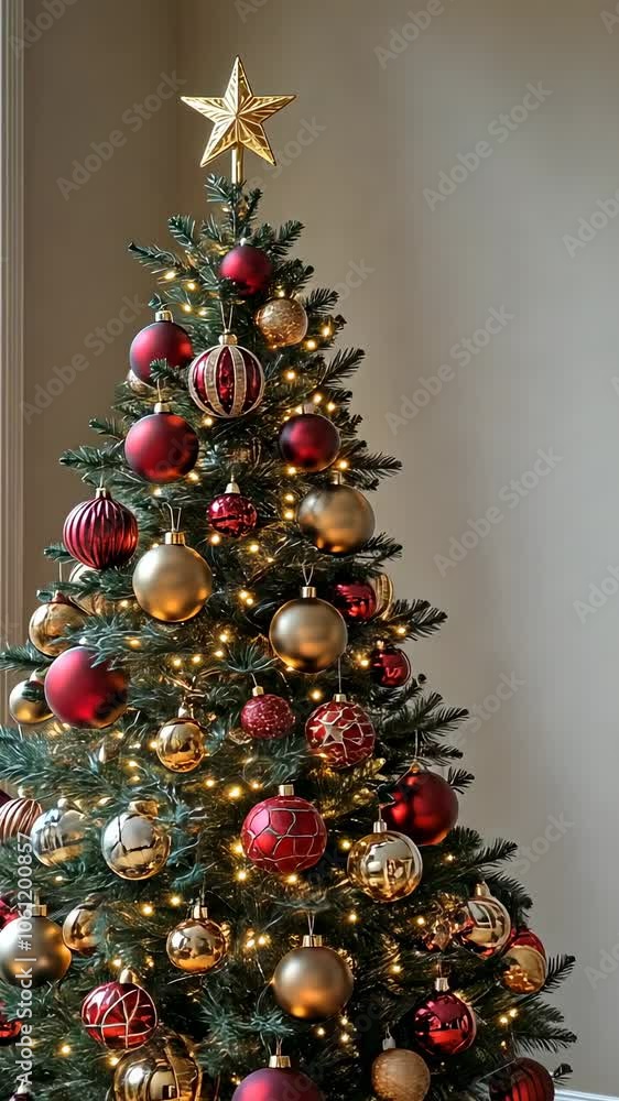 A beautifully decorated Christmas tree adorned with red and gold ornaments and lights. A beautifully decorated Christmas tree adorned with red and gold ornaments and lights.