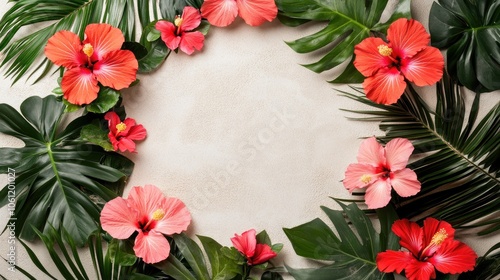 Vibrant Floral Frame with Tropical Leaves and Flowers