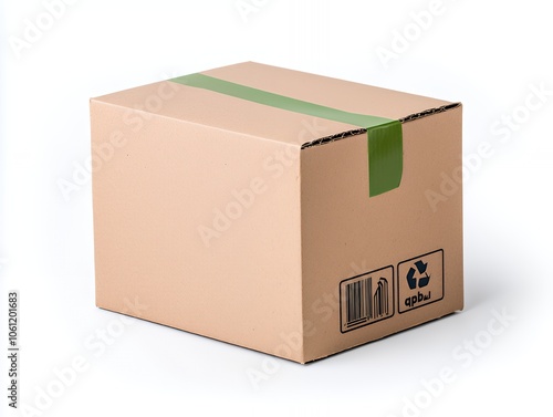 Closed cardboard box with green tape and recycle symbol.