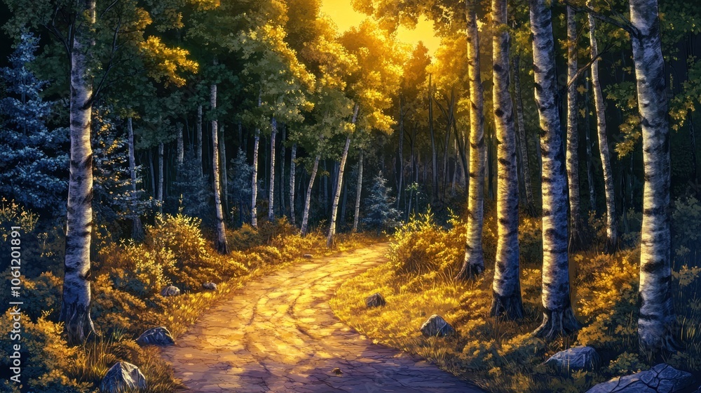 Fototapeta premium A serene forest path illuminated by sunlight, inviting exploration and tranquility.