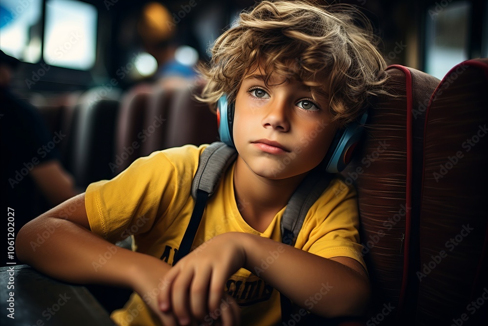 Portrait of a boy sitting in a bus and listening to music. Portrait of a boy sitting in a bus and listening to music.