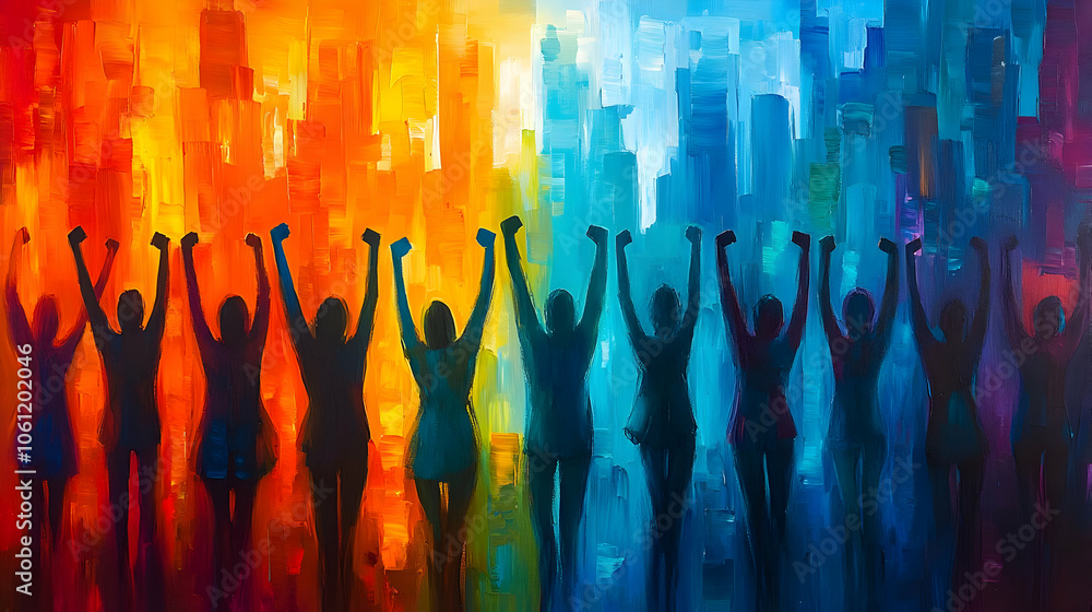 Silhouettes of People with Raised Hands in a Colorful Abstract Background Illustration Silhouettes of People with Raised Hands in a Colorful Abstract Background Illustration