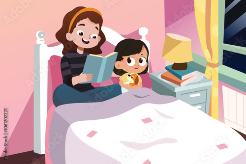 Girl Reading Bedtime Story to Her Little Sister Vector Illustration