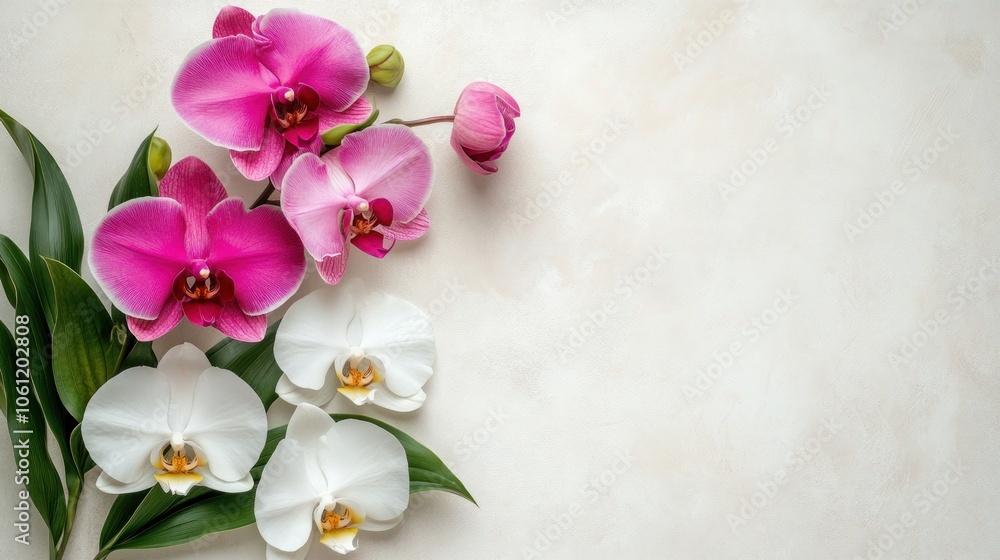 A beautiful arrangement of pink and white orchids on a soft background. A beautiful arrangement of pink and white orchids on a soft background.