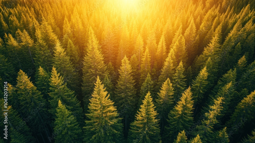 Aerial view of dense evergreen forest illuminated by warm sunlight. Aerial view of dense evergreen forest illuminated by warm sunlight.