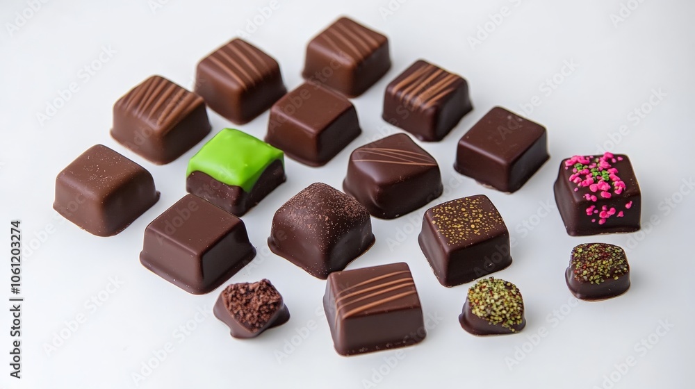 Elegant Arrangement of Gourmet Chocolates on White Surface Elegant Arrangement of Gourmet Chocolates on White Surface