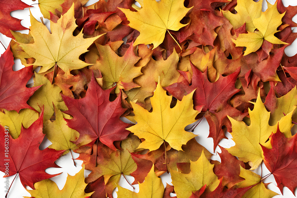 autumn leaves background, red and yellow stars, maple leaves isolated on white autumn leaves background, red and yellow stars, maple leaves isolated on white
