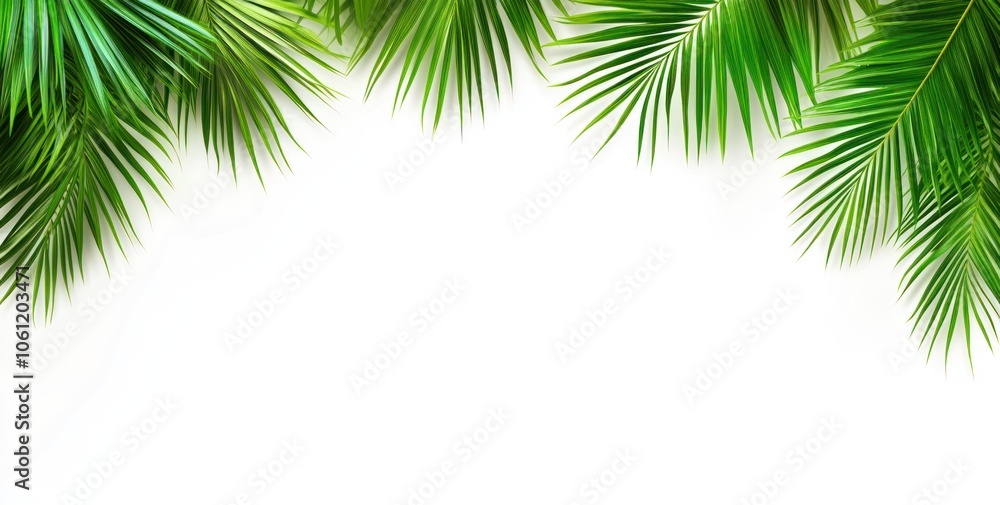 Lush green palm leaves frame a blank white space, ideal for design or presentation purposes. Lush green palm leaves frame a blank white space, ideal for design or presentation purposes.