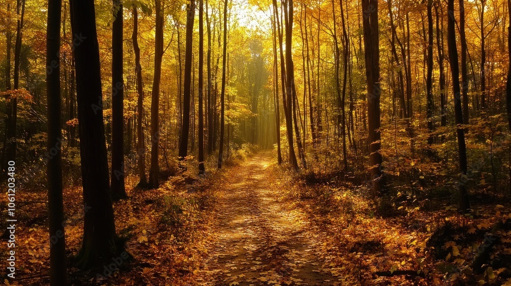 A serene autumn forest path illuminated by golden sunlight. A serene autumn forest path illuminated by golden sunlight.