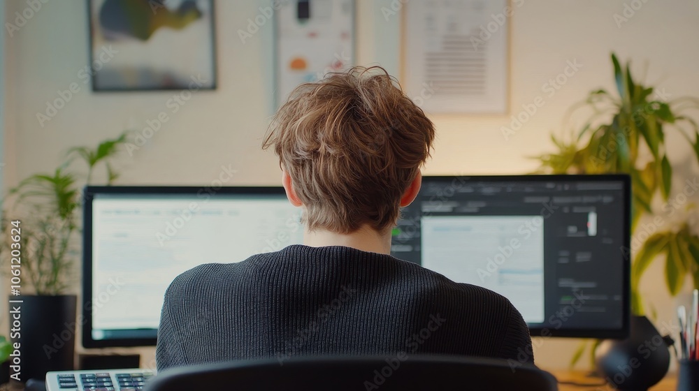 Focused Developer Working on Computer in Home Office Focused Developer Working on Computer in Home Office
