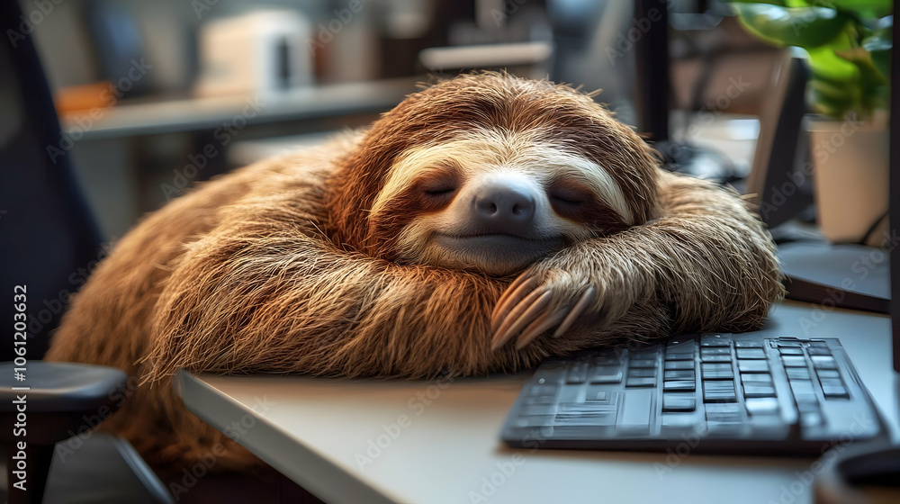 Naklejka premium Sleeping Sloth on Keyboard - Realistic Image