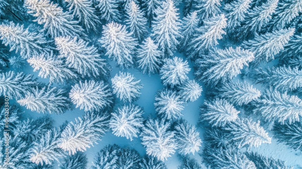 Aerial view of snow-covered evergreen trees in a serene winter landscape. Aerial view of snow-covered evergreen trees in a serene winter landscape.