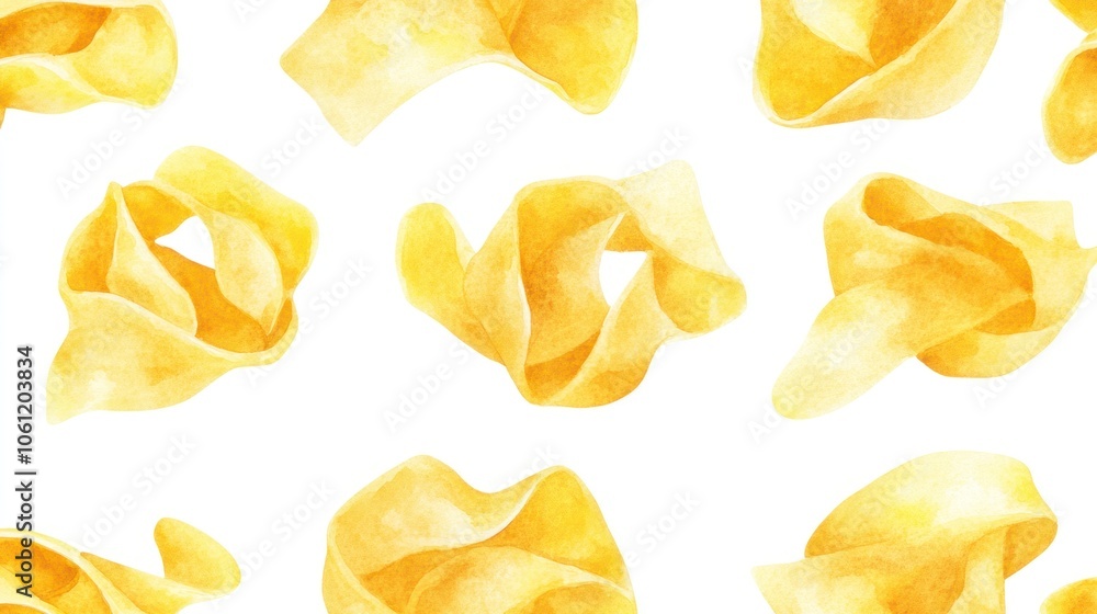 A pattern of yellow, crumpled shapes resembling pasta on a white background. A pattern of yellow, crumpled shapes resembling pasta on a white background.