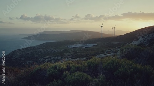 Serene Landscape with Wind Turbines and Solar Panels