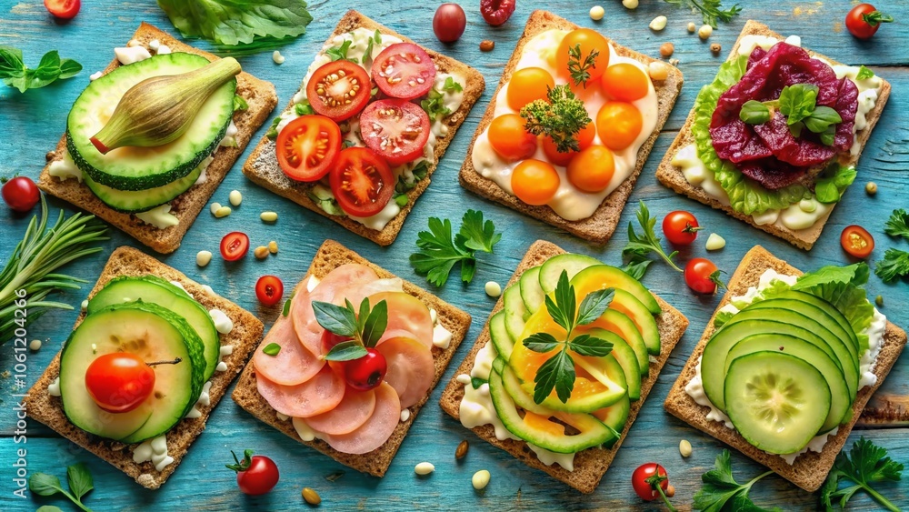 Healthy Crispbread Toasts with Colorful Toppings - Delicious Snack Ideas for Nutritious Eating, Flat Lay Photography of Gourmet Food, Vibrant Background, and Healthy Lifestyle Choices Healthy Crispbread Toasts with Colorful Toppings - Delicious Snack Ideas for Nutritious Eating, Flat Lay Photography of Gourmet Food, Vibrant Background, and Healthy Lifestyle Choices