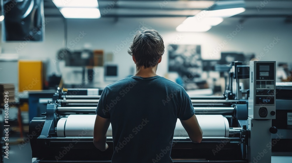 Man Working at Printing Press in Modern Industrial Workshop Man Working at Printing Press in Modern Industrial Workshop