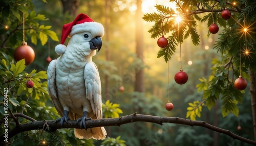 Christmas Cockatoo with Ornaments – photorealistic image of a white cockatoo with a red Santa hat perched on a branch, surrounded by eucalyptus leaves decorated with Christmas baubles and lights.