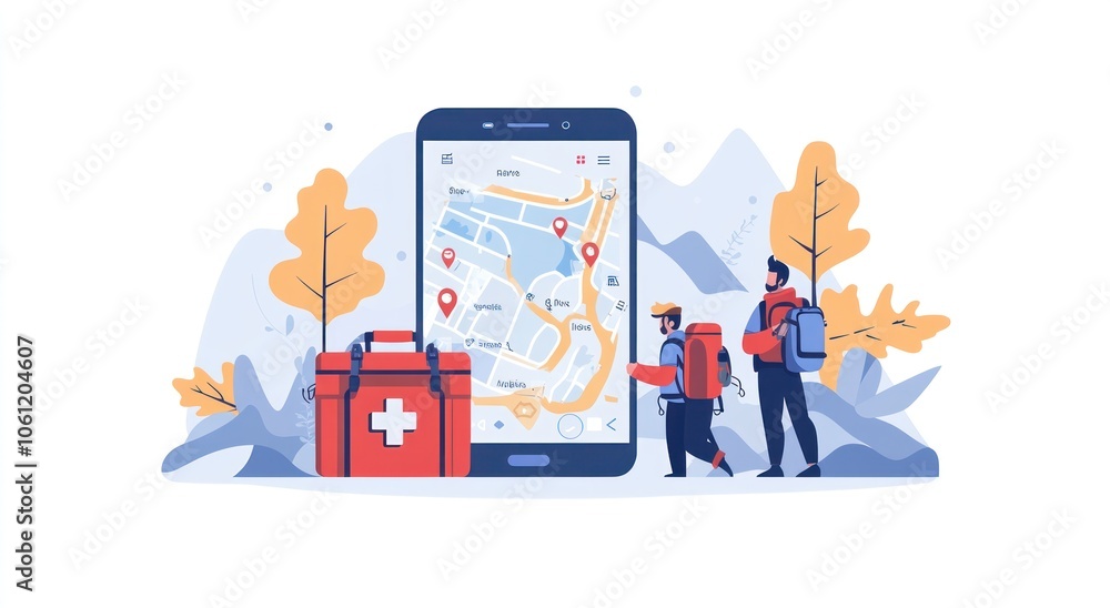 Illustration of hikers using a map on a smartphone near a first aid kit in a mountainous setting. Illustration of hikers using a map on a smartphone near a first aid kit in a mountainous setting.