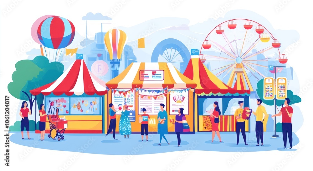 A vibrant fair scene with colorful tents, a ferris wheel, and people enjoying various activities. A vibrant fair scene with colorful tents, a ferris wheel, and people enjoying various activities.