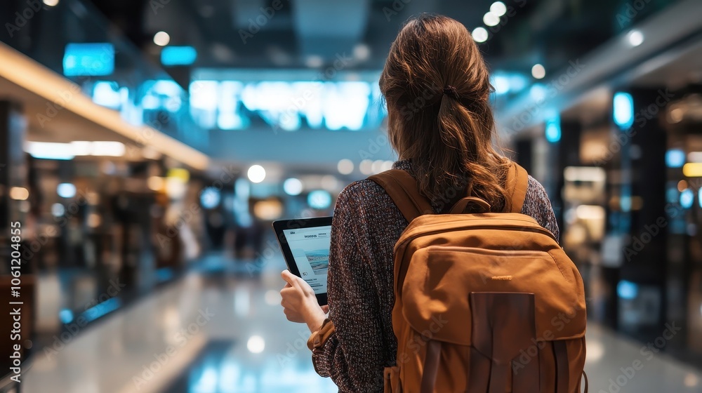 Woman Navigating Airport with Tablet Device Woman Navigating Airport with Tablet Device