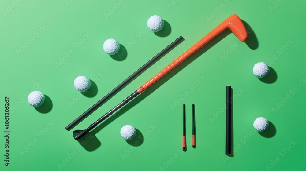 Colorful Golf Equipment on Vibrant Green Background Colorful Golf Equipment on Vibrant Green Background