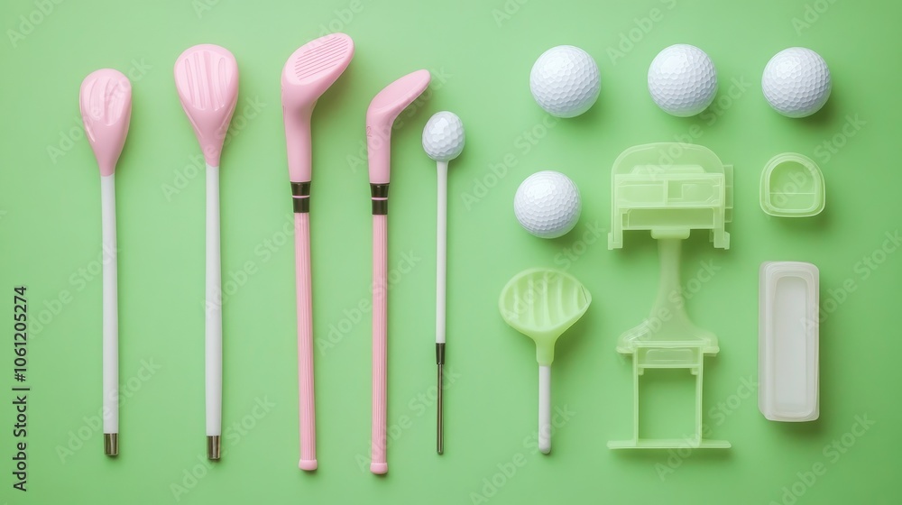Pink Golf Equipment on Green Background Pink Golf Equipment on Green Background