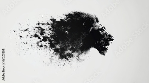 A stylized depiction of a lion's head dissolving into particles, emphasizing strength and dynamism.