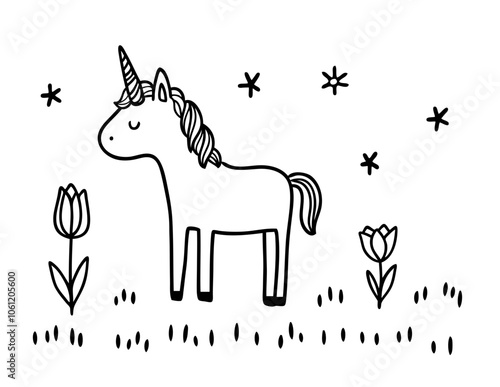 Whimsical unicorn coloring page vector graphic for fantasy fairy tale design
